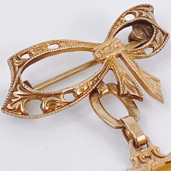 Vintage 1940s 12K Gold Filled Bow Brooch Gemstone Cabochon Mid Century Pin - Picture 6 of 14